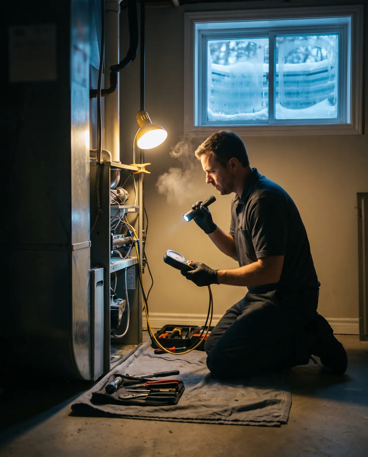 HVAC technician kneeling at an open high-efficiency furnace in a tidy basement while snow shows through a small window