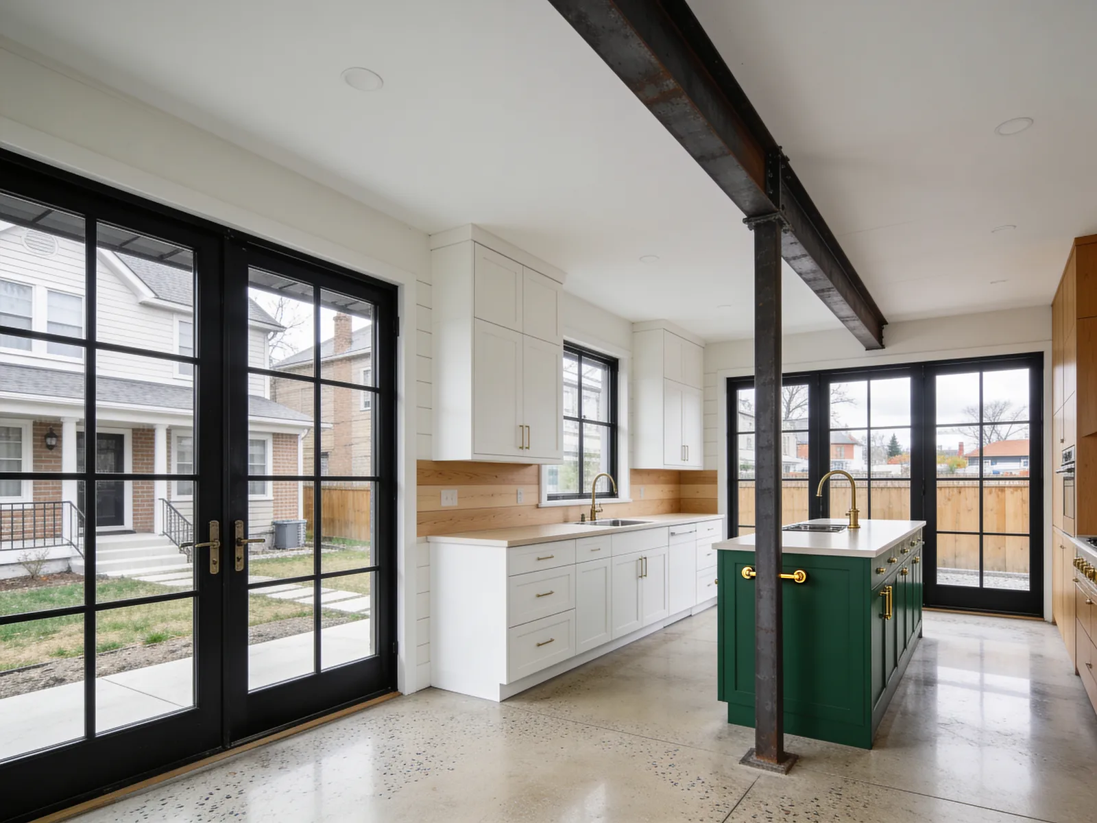 Rear kitchen addition with exposed steel beam, white shaker cabinetry and forest-green island