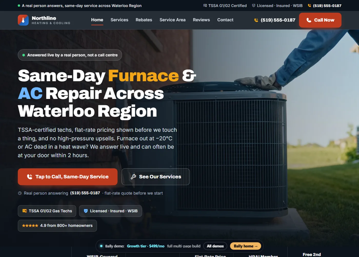 Northline Heating and Cooling homepage, a fictional demonstration build