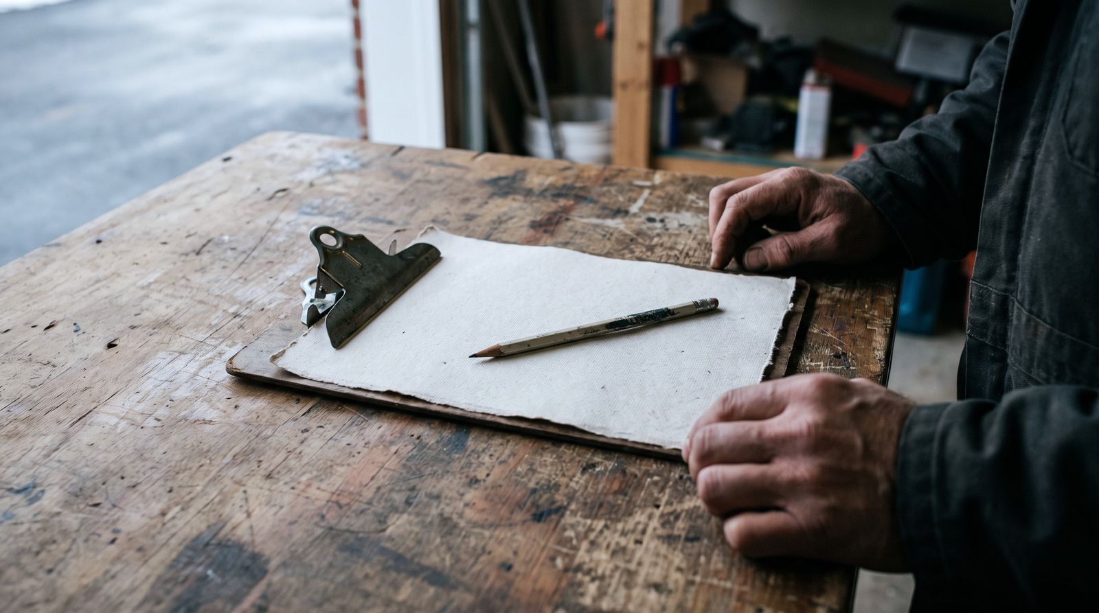 Tradesperson's hands holding a clipboard with a blank quote sheet and a pencil.