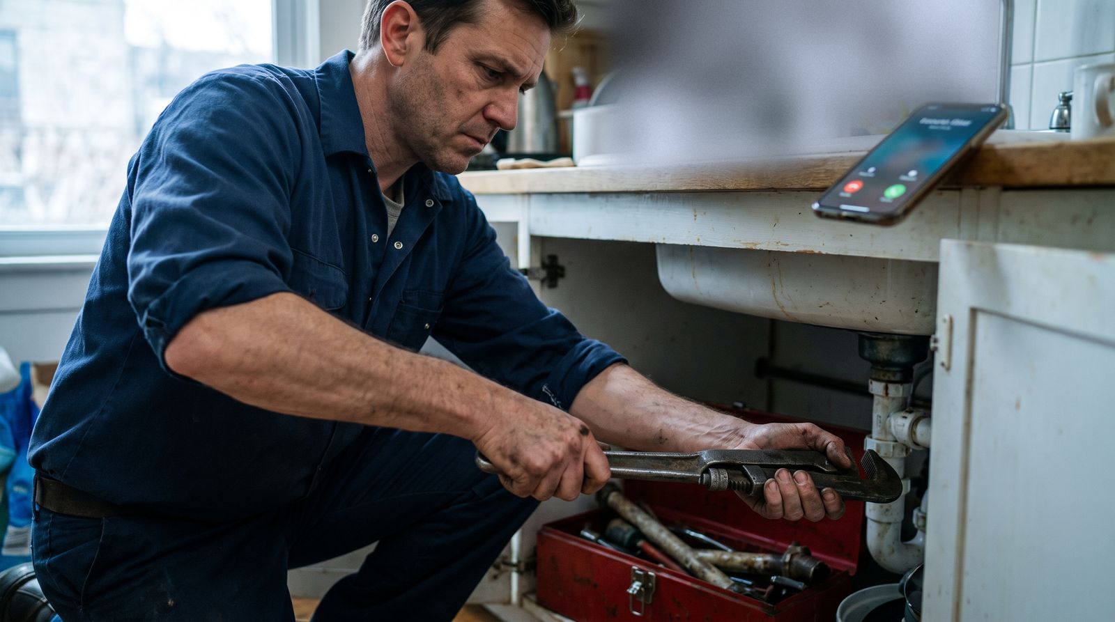 Plumber under a kitchen sink with both hands on a pipe wrench while his phone rings out of reach on the counter.